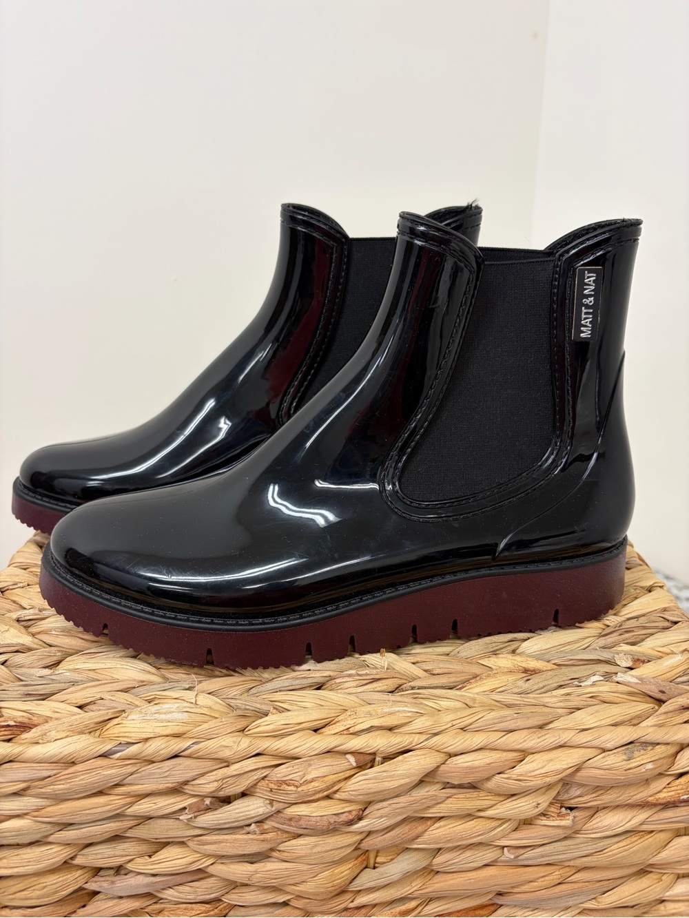 Matt & Nat Glossy Black Chelsea Rain Booties with Burgundy Platform